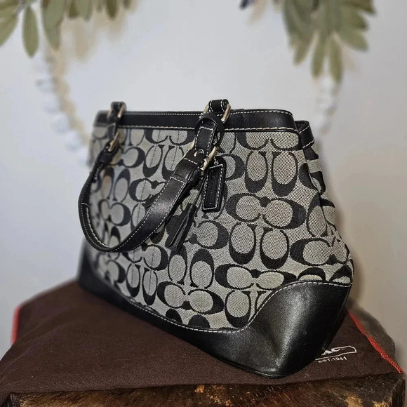 Coach Small Carryall Tote Bag Black Gray Signature Logo Canvas Leather 6830 - Picture 5 of 16